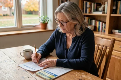 Femme de 58 ans révisant ses documents d'épargne retraite à la table de cuisine, illustrant la planification financière individuelle pour la retraite