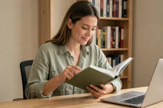 Femme examinant un livre broché imprimé à la demande sur son bureau en bois, idéal pour illustrer l'impression à la demande en libre broché