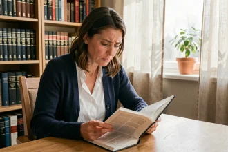 Femme lisant un livre de grammaire française à son bureau, illustrant la question orthographique en tout point ou en tous points