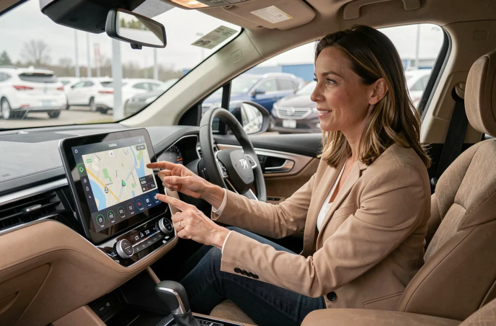 Femme découvrant les fonctionnalités connectées d'une voiture d'occasion depuis l'habitacle