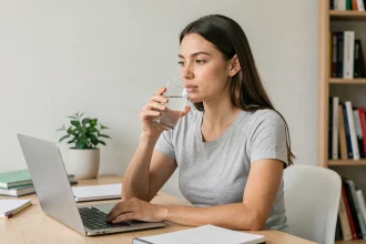 Femme concentrée buvant un verre d'eau à son bureau tout en travaillant sur son ordinateur portable, illustrant le lien entre hydratation et performances cognitives