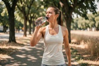 Femme faisant une pause hydratation pendant un jogging en plein air par forte chaleur estivale