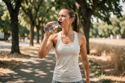 Femme faisant une pause hydratation pendant un jogging en plein air par forte chaleur estivale