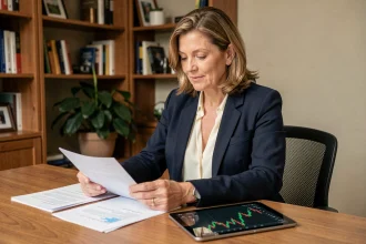 Femme investissant de manière responsable en consultant des documents financiers et des graphiques ESG sur une tablette dans un bureau à domicile