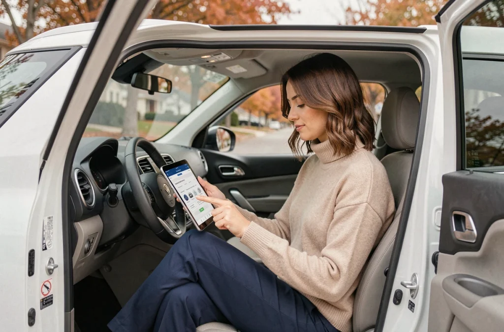 Femme consultant une offre de location longue durée sur tablette depuis l'habitacle d'un SUV blanc en zone résidentielle