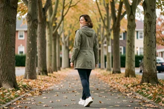 Femme de 40 ans marchant seule sur une allée arborée en automne, illustrant les bienfaits de la marche quotidienne sur le moral