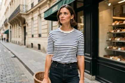 Femme parisienne portant une marinière rayée bleu marine et blanc dans une rue pavée de Paris