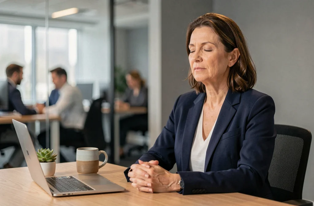 Femme pratiquant une pause de méditation à son bureau dans un environnement de bureau moderne