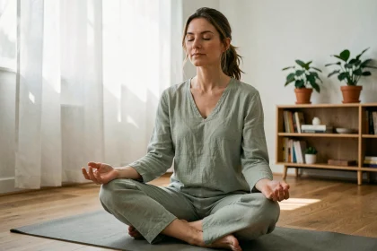 Femme pratiquant la méditation assise sur un tapis de yoga dans un salon épuré et lumineux