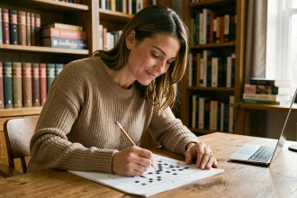 Femme adulte concentrée résolvant une grille de mots croisés CodyCross avec un crayon sur un bureau en bois