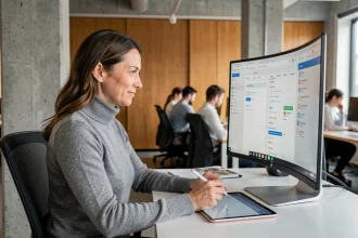 Femme utilisant des outils numériques sur écran et tablette dans un bureau en open space moderne