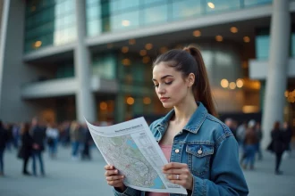 Femme consultant le plan de la Bercy Accor Arena devant l'entrée principale avant un concert