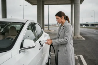 Femme branchant une voiture électrique blanche à une borne de recharge sur une aire d'autoroute