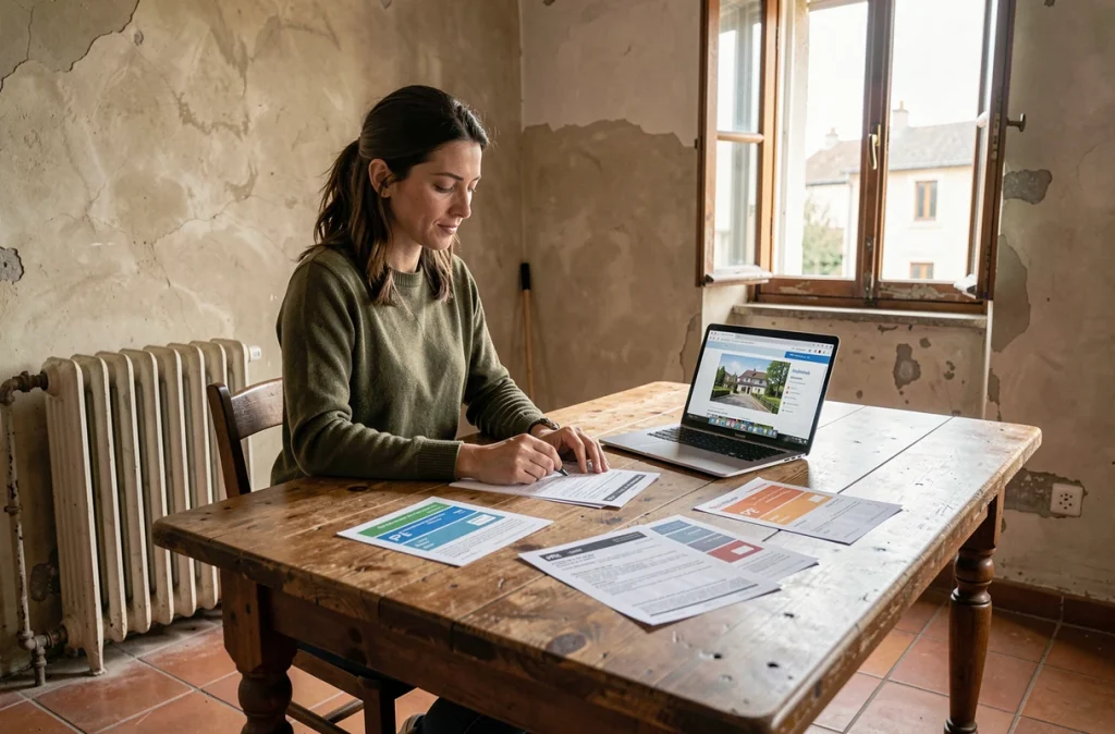 Femme consultant des documents de rénovation énergétique dans un appartement ancien rénové