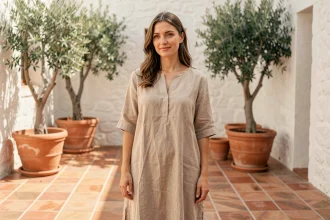 Femme portant une robe en lin beige naturel dans une cour méditerranéenne ensoleillée, tendance mode estivale en lin