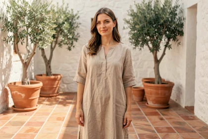 Femme portant une robe en lin beige naturel dans une cour méditerranéenne ensoleillée, tendance mode estivale en lin