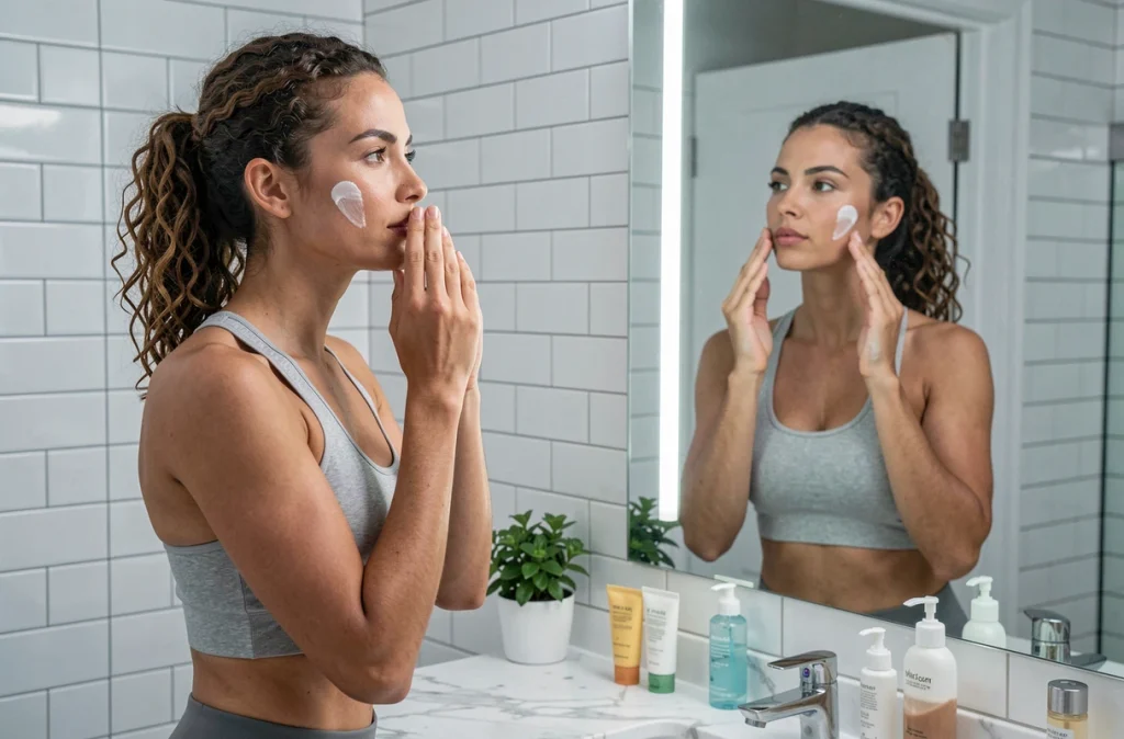 Femme appliquant une crème solaire visage devant le miroir de la salle de bain lors d'une routine matinale