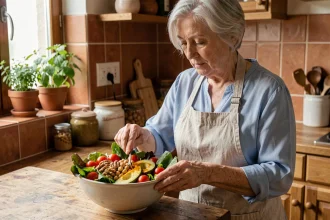 Femme senior préparant une salade anti-inflammatoire colorée dans une cuisine rustique