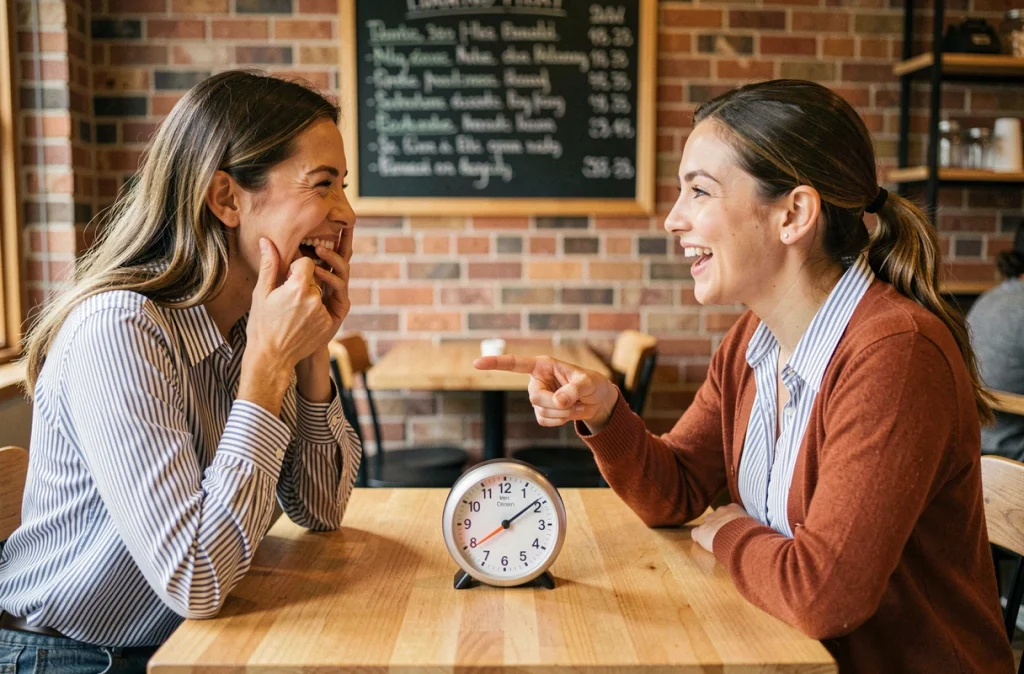 Deux femmes jouant à un jeu de mots avec un minuteur dans un café, riant et réagissant rapidement
