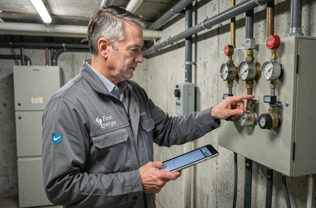 Technicien First Energie réalisant un dépannage énergétique dans une maison en Côte-d'Or