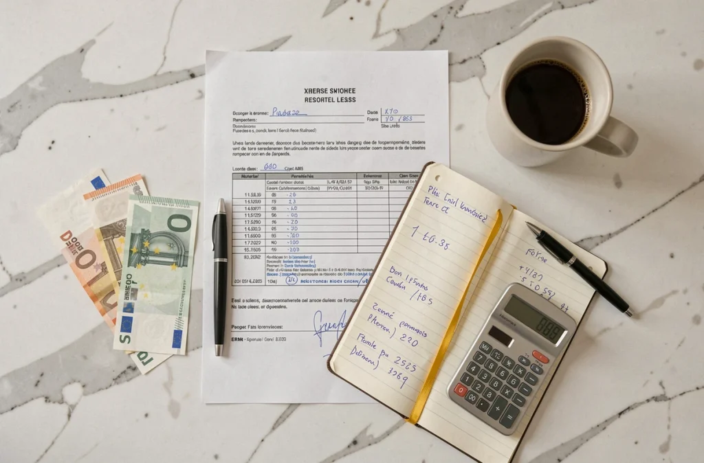 Vue aérienne d'un contrat de bail, d'un cahier de calcul et d'une calculatrice pour illustrer la fiscalité des revenus locatifs