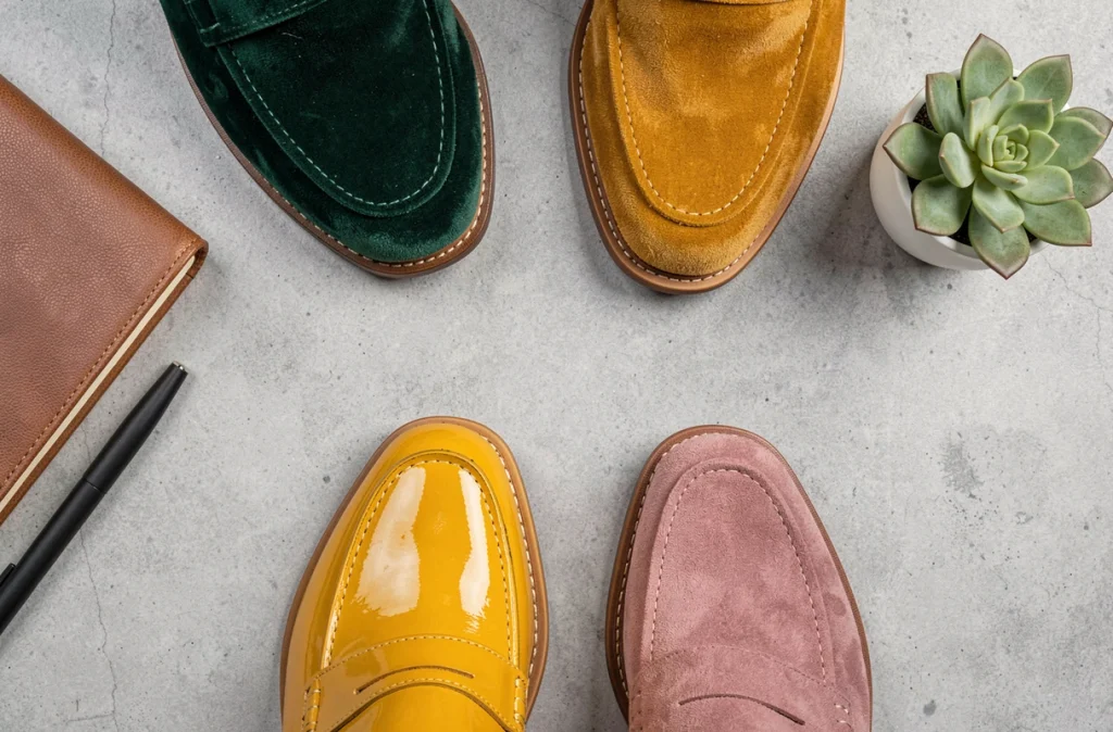Flat-lay de trois paires de mocassins colorés — vert émeraude, jaune moutarde et rose poudré — avec accessoires de bureau sur béton gris