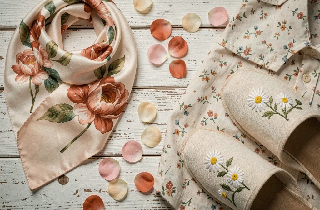 Flat lay mode printanier avec foulard en soie à motifs pivoines, chemise lin fleurie et mules brodées sur bois blanc
