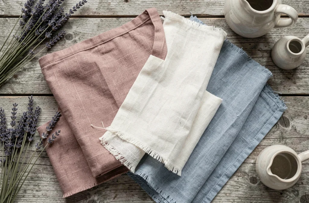Flat lay de vêtements en lin pliés en rose poudré, blanc cassé et bleu délavé sur surface en bois brut, tendance mode été en lin