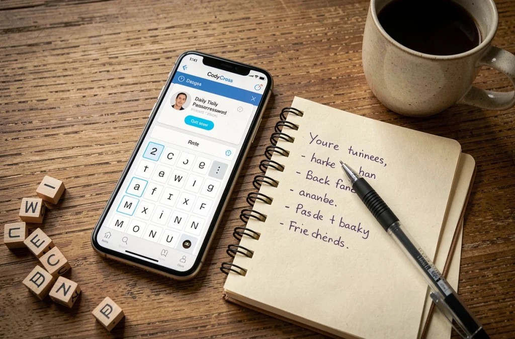 Vue de dessus d'un smartphone avec une grille CodyCross et un carnet de notes manuscrites pour le mot de passe du jour