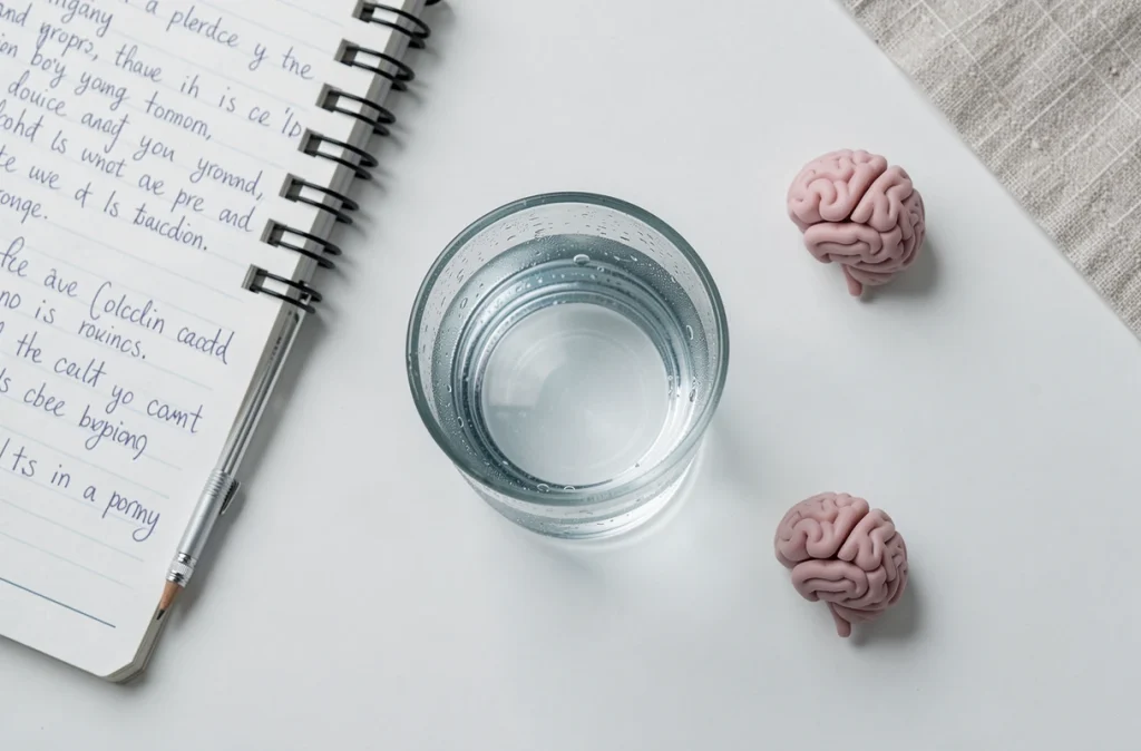 Vue de dessus d'un bureau minimaliste avec un verre d'eau, un carnet de notes manuscrites et un crayon, illustrant le rôle de l'hydratation dans les performances intellectuelles et la clarté mentale