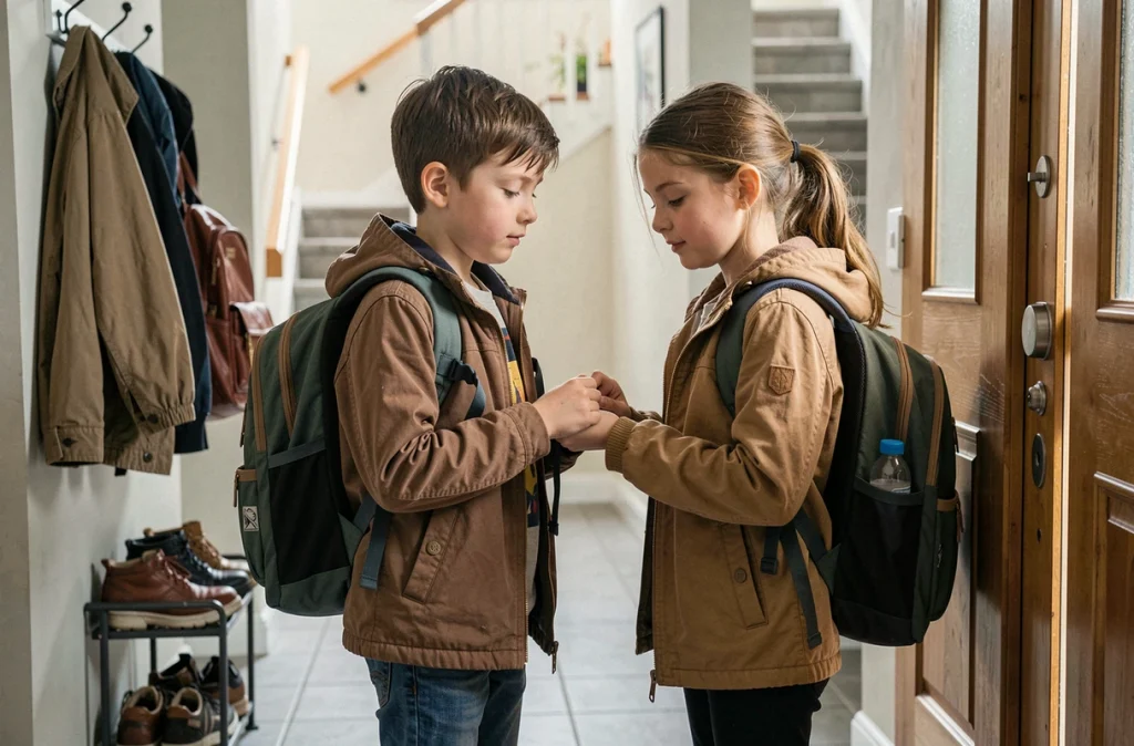 Deux frère et sœur prêts pour la rentrée scolaire dans l'entrée de leur maison, s'entraidant avec leurs sacs à dos