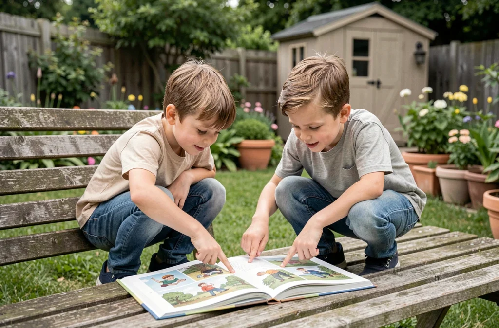 Deux frères lisant ensemble un livre illustré sur un banc de jardin en plein air