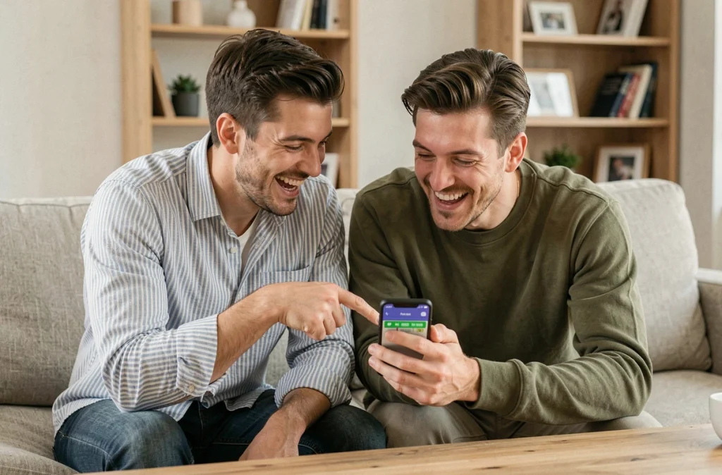 Deux amis jouant à Pédantix ensemble sur smartphone en consultant des suggestions de mots générés automatiquement