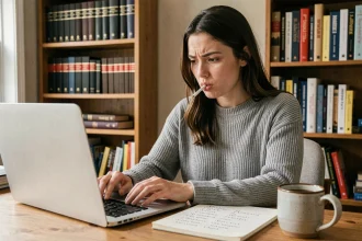 Jeune femme utilisant un générateur de mots pour jouer à Pédantix sur son ordinateur portable avec des notes manuscrites