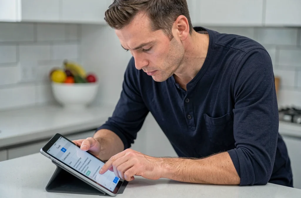 Homme consultant un générateur de mots sur tablette pour trouver la solution du jeu Pédantix dans sa cuisine