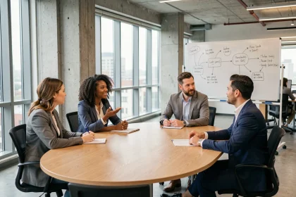 Équipe de professionnels en réunion autour d'une table de conférence moderne pour résoudre un conflit interne et améliorer la performance collective