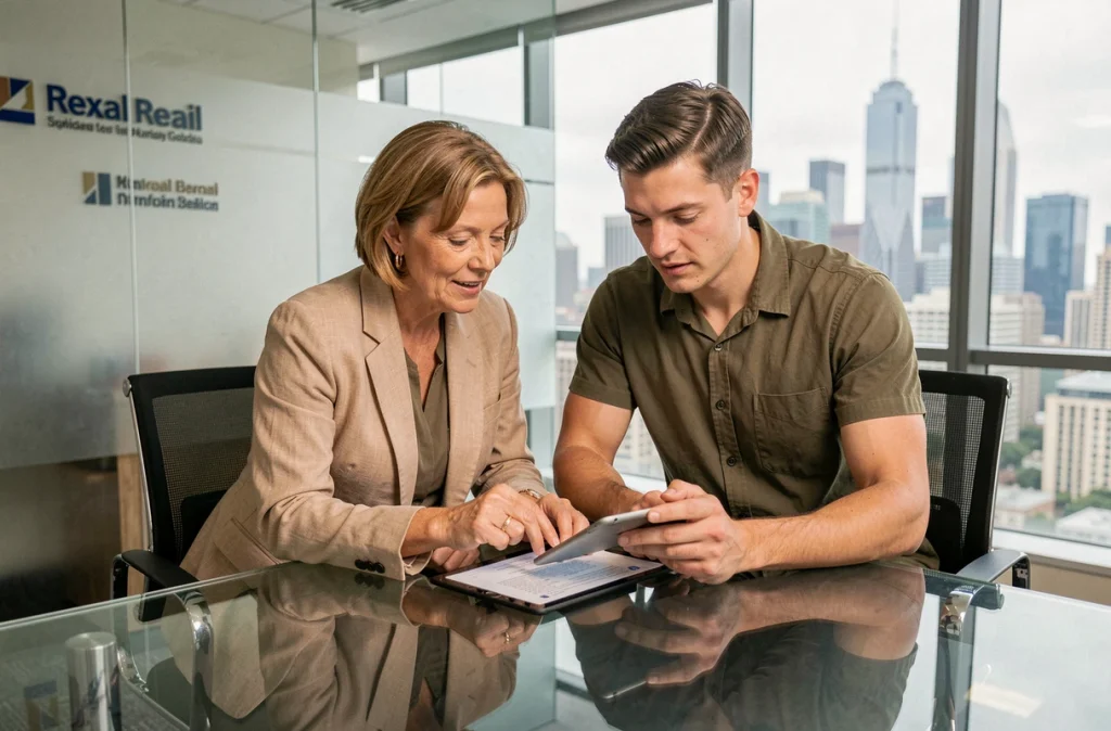 Propriétaire et agent immobilier consultant des documents de gestion locative numérique sur une tablette dans un bureau moderne