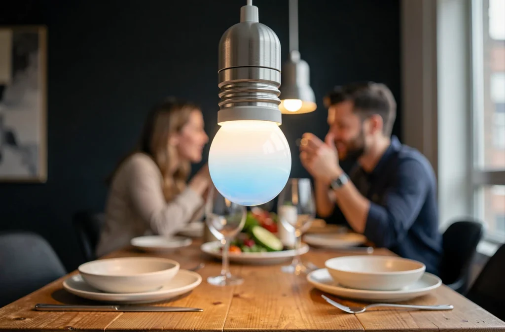 Gros plan sur une ampoule connectée dans une suspension design au-dessus d'une table à manger dans un appartement urbain