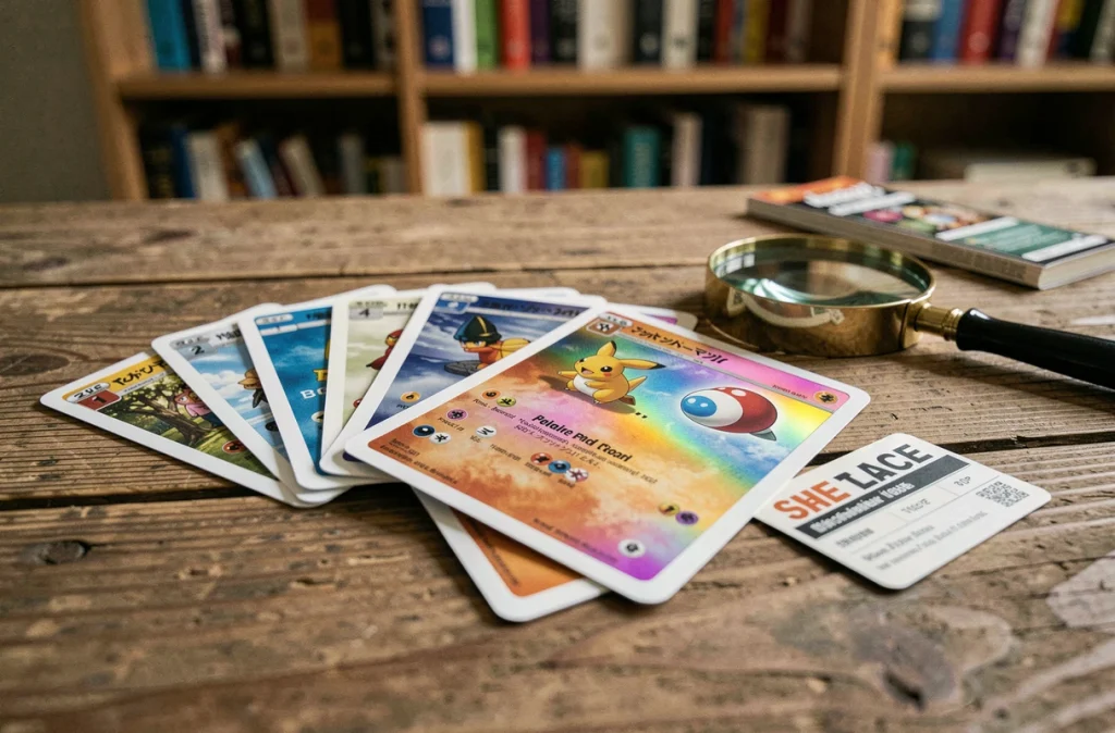 Gros plan sur des cartes Pokémon holographiques étalées sur un bureau en bois avec une loupe