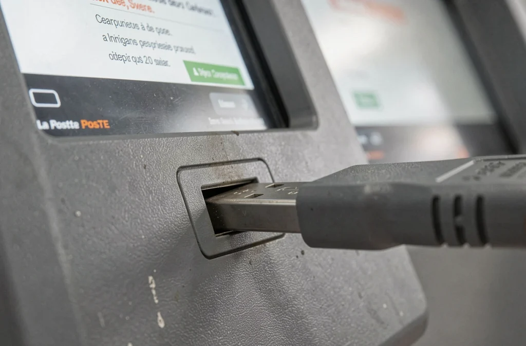 Gros plan d'une clé USB insérée dans le port d'une borne d'impression La Poste