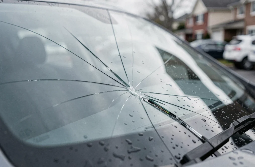 Gros plan extérieur d'un pare-brise de voiture avec une longue fissure diagonale et des micro-fractures visibles