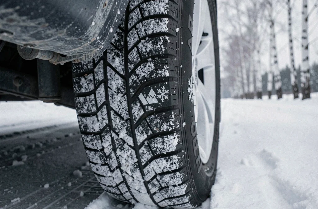 Gros plan sur un pneu hiver avec symbole montagne flocon sur route enneigée