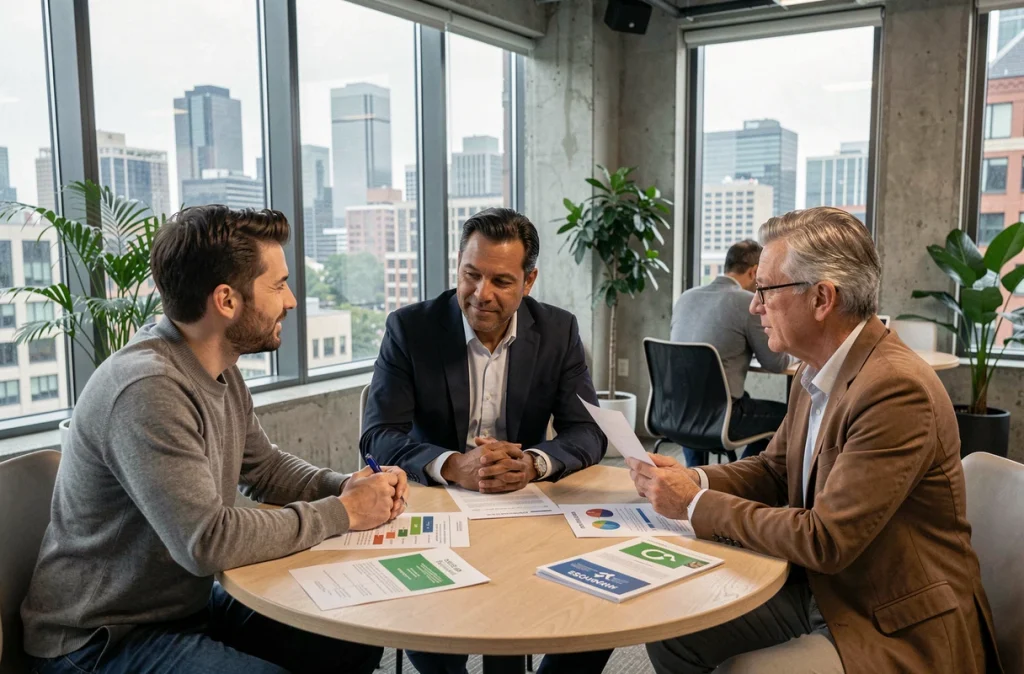 Groupe de particuliers discutant d'investissements responsables et de fonds ESG autour d'une table dans un espace de coworking moderne