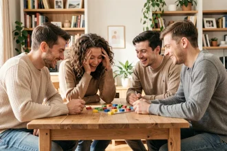 Groupe de jeunes adultes jouant à un jeu de rapidité avec des mots autour d'une table en bois, riant et concentrés