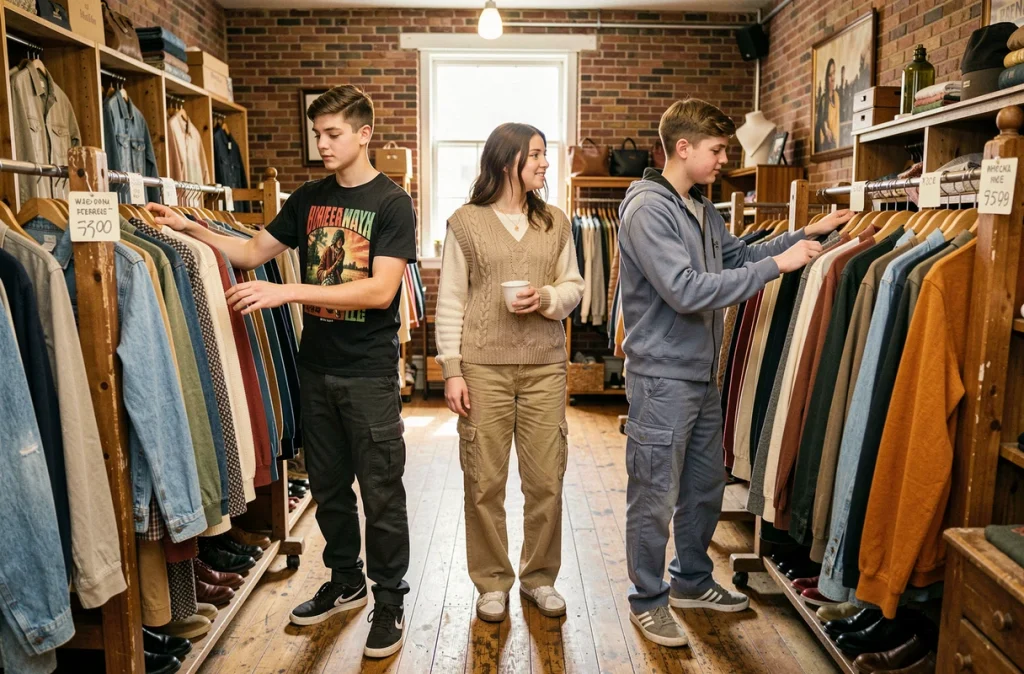 Groupe de jeunes portant des pantalons cargo dans une boutique de friperie vintage