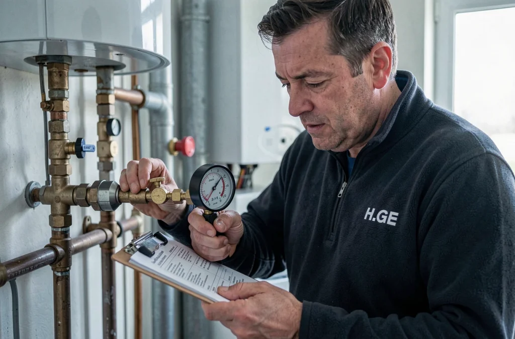 Chauffagiste H.GE contrôlant la pression d'une chaudière lors d'une intervention d'urgence