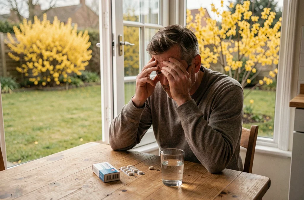 Homme allergique aux pollens frottant ses yeux irrités à la cuisine avec des antihistaminiques sur la table et un jardin fleuri visible par la fenêtre