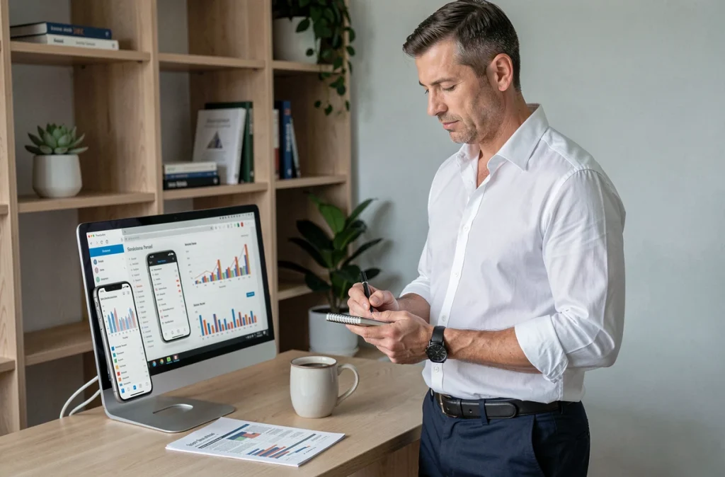 Homme utilisant une application de budget personnel sur smartphone et ordinateur dans un bureau à domicile