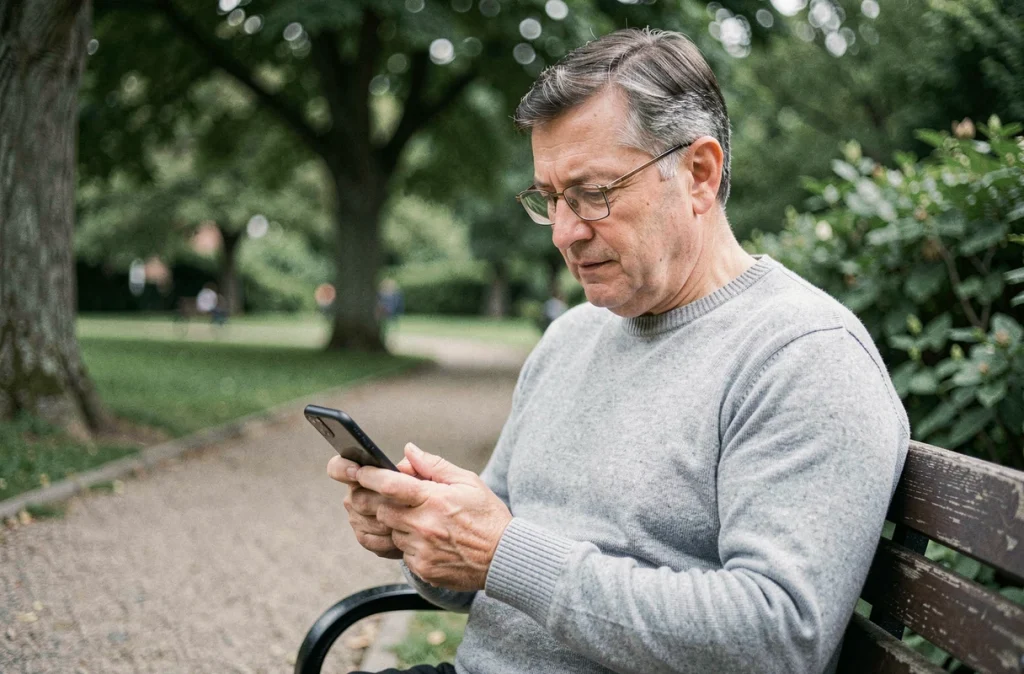 Homme consultant une application d'investissement responsable sur son smartphone assis dans un parc urbain