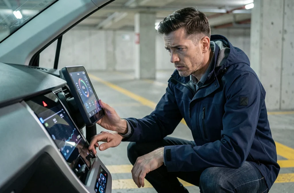 Homme inspectant l'autonomie restante sur l'écran de bord d'un SUV électrique dans un parking souterrain